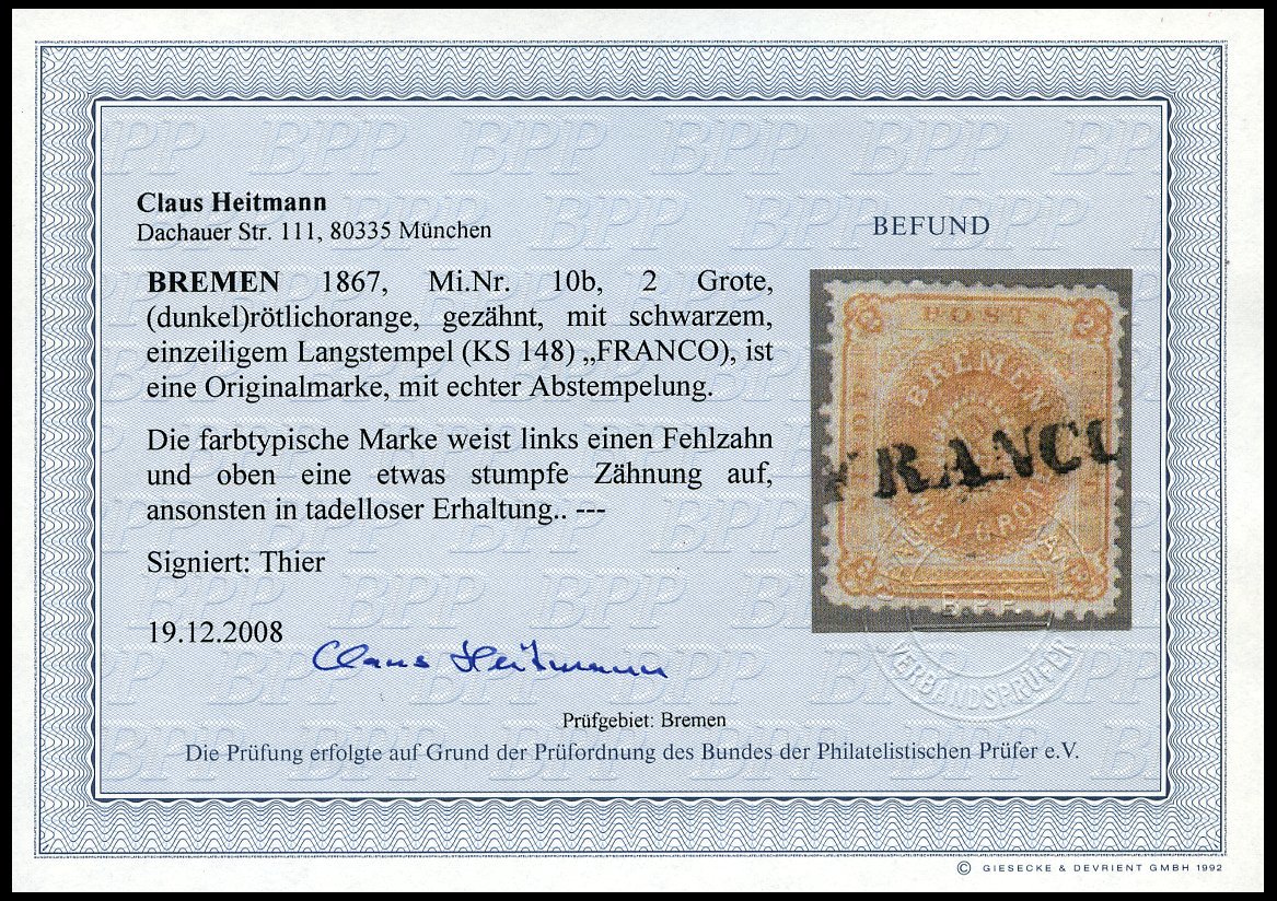 BREMEN 10b O, 1866, 2 Gr. Rötlichorange Mit L1 FRANCO, Links Ein Fehlender Zahn Sonst üblich Gezähntes Farbfrisches Prac - Bremen