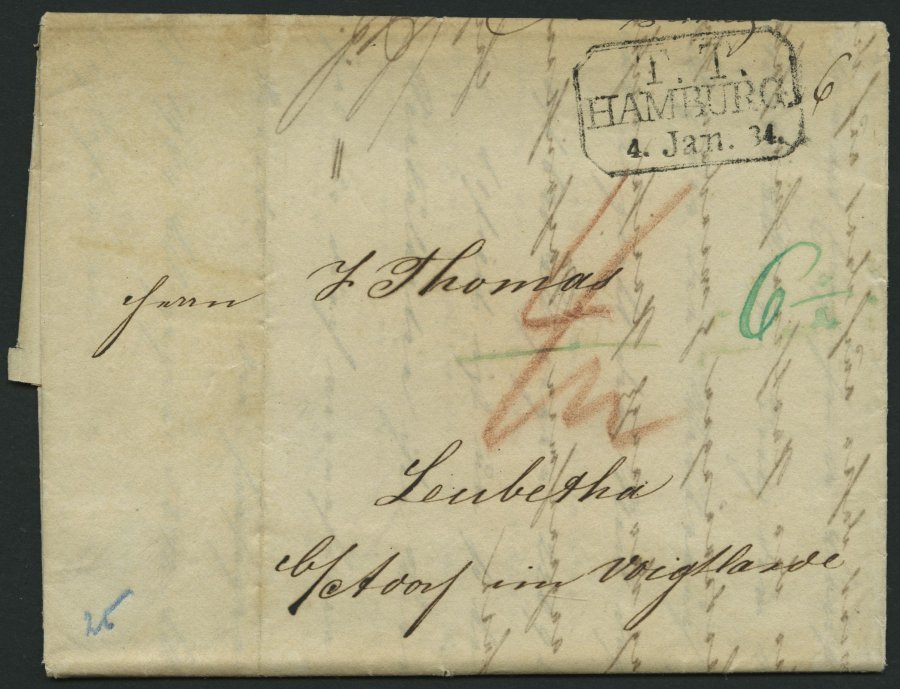 HAMBURG TT PA 1834, T.T. HAMBURG, R3 Auf Brief Nach Leubetha Im Voigtlande, Pracht - Otros & Sin Clasificación