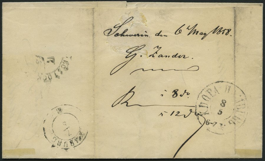 HAMBURG 1858, K.D.O.P.A. HAMBURG, K2 Rückseitig Auf Brief Von Schwerin Nach Altona, Feinst - Prephilately
