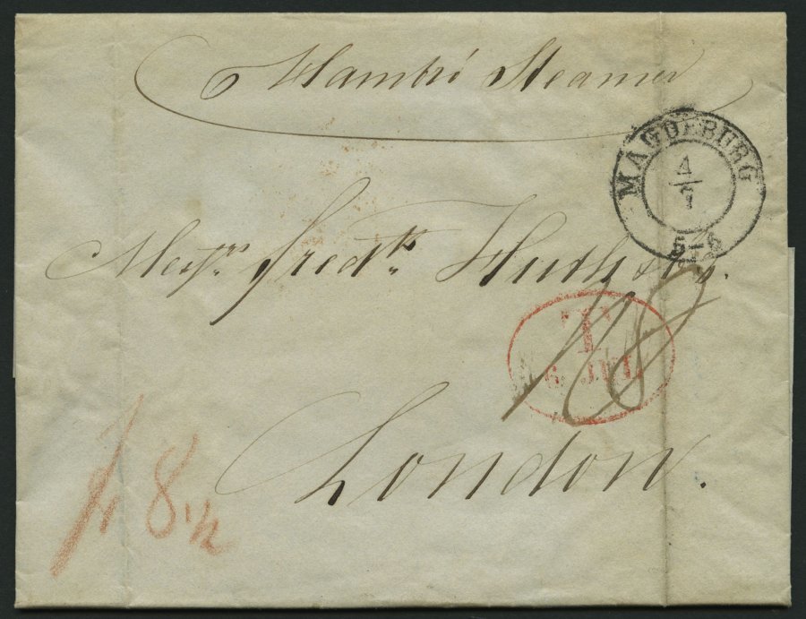 HAMBURG - GRENZÜBERGANGSSTEMPEL 1841, T 8 NOV, In Rot Auf Brief Von Magdeburg (K2) Nach London, Handschriftlich Hamburg - Precursores