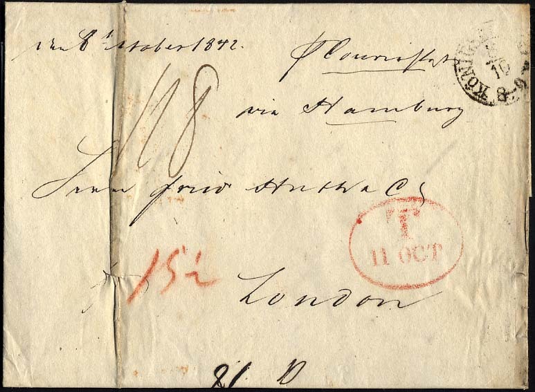 HAMBURG - GRENZÜBERGANGSSTEMPEL 1842, T 11 OCT, In Rot Auf Brief Von Königsberg über Hamburg (K1) Nach London, Registrat - Precursores