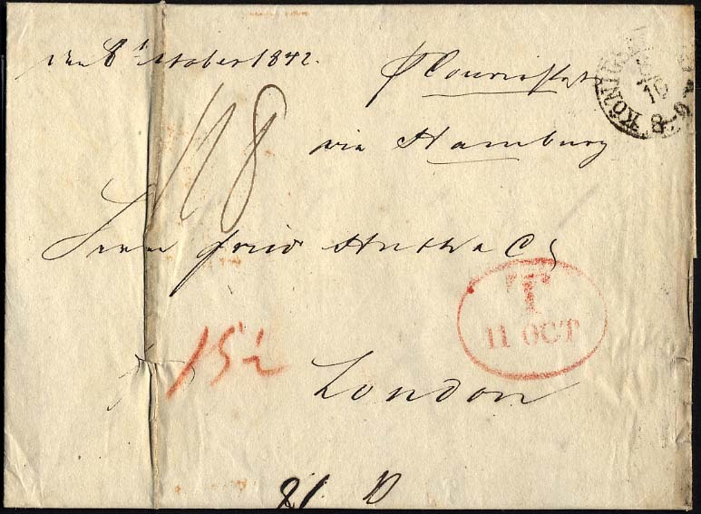 HAMBURG - GRENZÜBERGANGSSTEMPEL 1842, T 11 OCT, In Rot Auf Brief Von Königsberg über Hamburg (K1) Nach London, Registrat - Prephilately