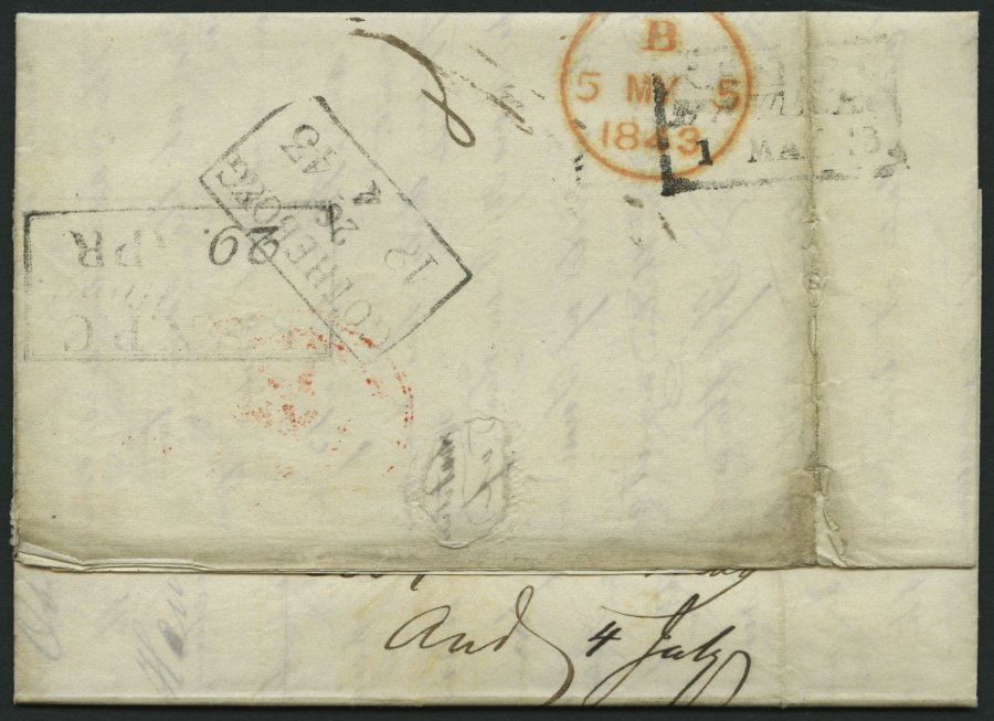 HAMBURG - GRENZÜBERGANGSSTEMPEL 1843, T 2 MAY, In Rot Auf Brief Von Götheborg Nach London, Diverse Durchgangs- Und Neben - Prephilately