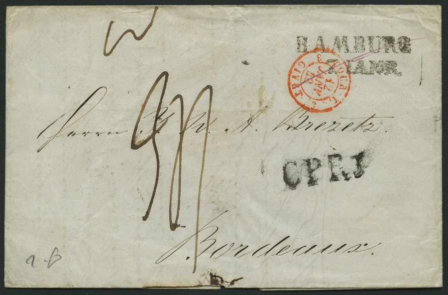 HAMBURG - GRENZÜBERGANGSSTEMPEL 1843, C P R 3, L1 Auf Brief Von Hamburg (L2) Nach Bordeaux, Pracht - Precursores