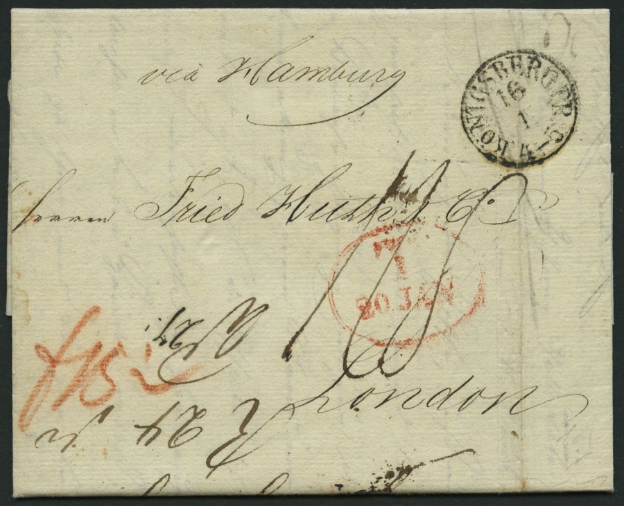 HAMBURG 1843, T 20 JAN, Rote Sonderform Auf Brief Von Königsberg (kleiner K1) Nach London, Handschriftlich Via Hamburg, - Prephilately