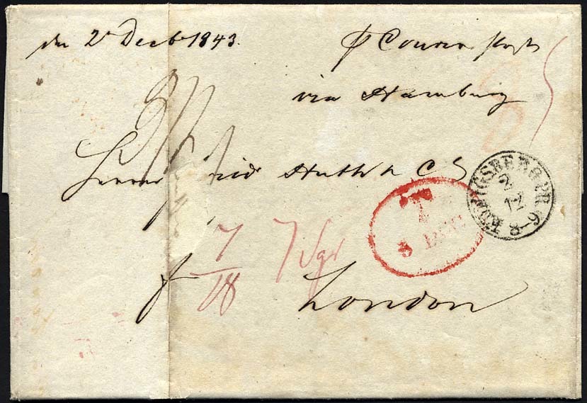 HAMBURG - GRENZÜBERGANGSSTEMPEL 1843, T 5 DEC, In Rot Auf Brief Von KÖNIGSBERG (K1) Nach London, Rückseitiger Durchgangs - Prephilately