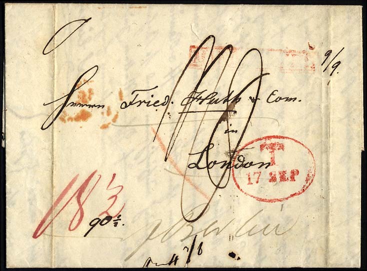 HAMBURG - GRENZÜBERGANGSSTEMPEL 1844, T 17 SEP, In Rot Auf Brief Von Meuritz (Polen) Nach London, Roter, Nicht Lesbarer - Prephilately