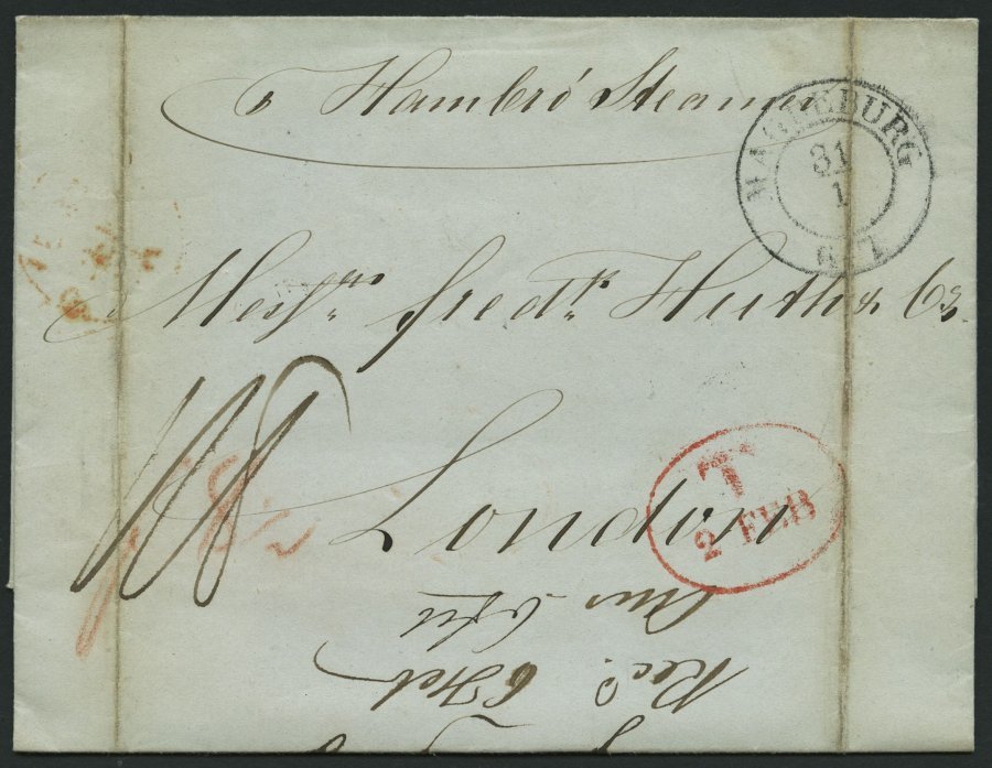 HAMBURG - GRENZÜBERGANGSSTEMPEL 1844, T 2 FEB, In Rot Auf Brief Von Magdeburg (K2) Nach London, Handschriftlich Hamburg - Prephilately