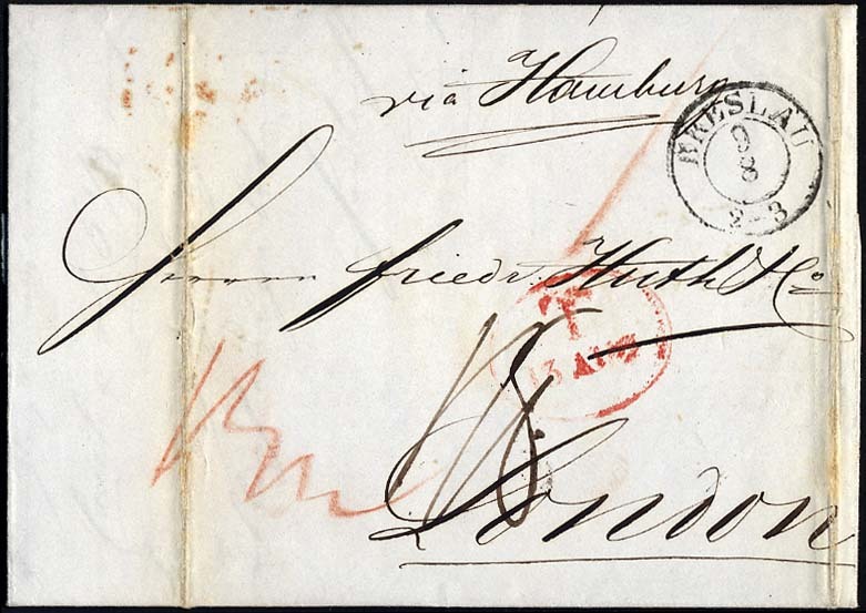 HAMBURG 1844, T 13 AUG, Rote Sonderform Auf Brief Von Breslau (K2) NachLondon, Rückseitiger Durchgangsstempel Von Hambur - Prephilately