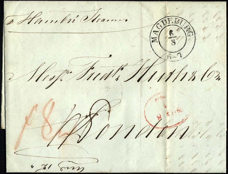 HAMBURG - GRENZÜBERGANGSSTEMPEL 1845, T 8 AUG, In Rot Auf Brief Von Magdeburg (K2) Nach London, Handschriftlich Hamburg - Precursores