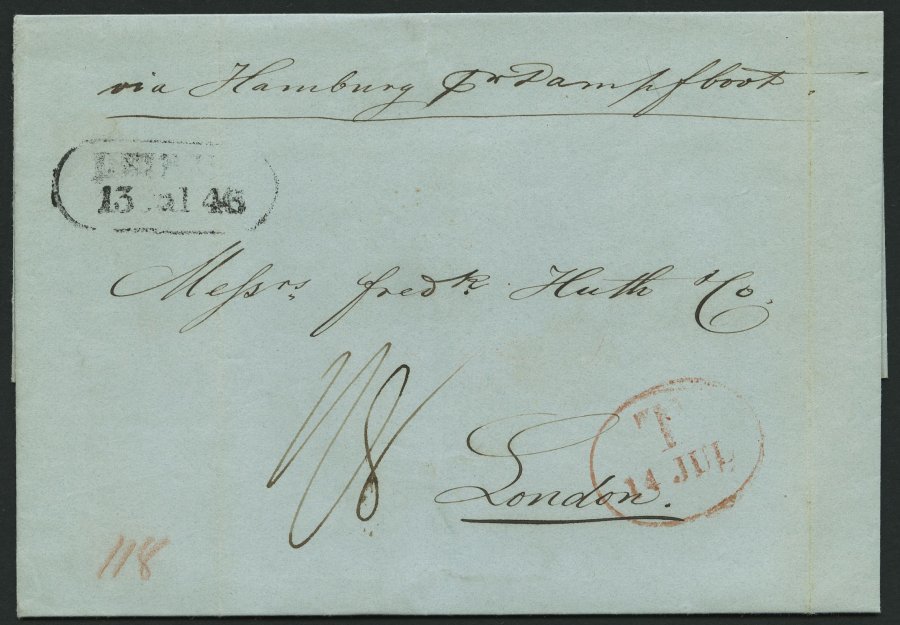 HAMBURG - GRENZÜBERGANGSSTEMPEL 1846, T 14 JUL, In Rot Auf Brief Von LEIPZIG (R2) Nach London, Handschriftlich Via Hambu - Prephilately