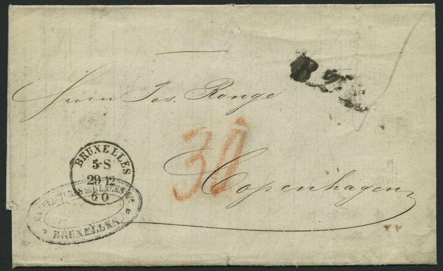 HAMBURG - GRENZÜBERGANGSSTEMPEL 1860, B.2.R., L1 Auf Brief Von Brüssel (K1) Nach Copenhagen, Rückseitiger Ankunftsstempe - Prephilately