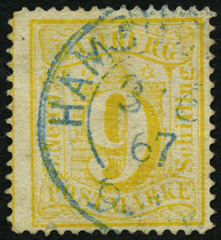 HAMBURG 18 O, 1864, 9 S. Zitrongelb, 2 Helle Stellen Und Sandkörnchenloch Sonst Farbfrisch Pracht, Fotoattest Löhden, Mi - Hamburg