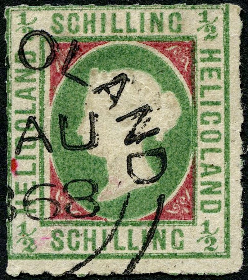 HELGOLAND 1I O, 1867, 1/2 S. Dunkelbläulichgrün/karmin, Type I, Feinst (leichte Papierunzulänglichkeiten), Gepr. Engel U - Héligoland