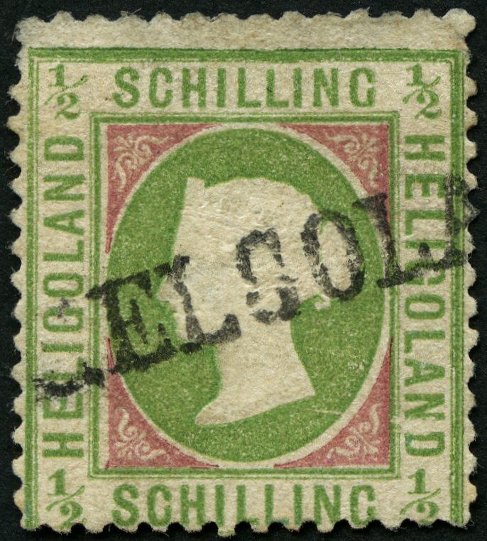 HELGOLAND 6e O, 1872, 1/2 S. Hellolivgrün/karmin, L1, Kleine Mängel, Feinst, Gepr. C. Brettl, Mi. 200.- - Héligoland