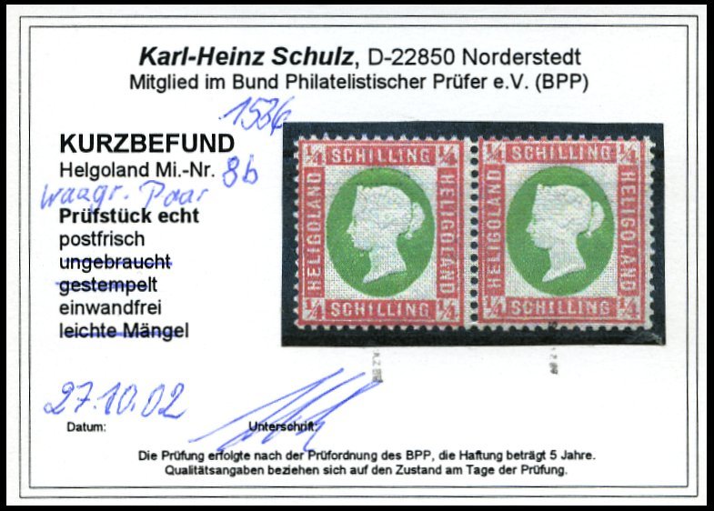 HELGOLAND 8b Paar **, 1873, 1/4 S. Lilarosa/graugrün Im Waagerechten Postfrischen Paar, Pracht, Kurzbefund Schulz, Mi. 2 - Heligoland