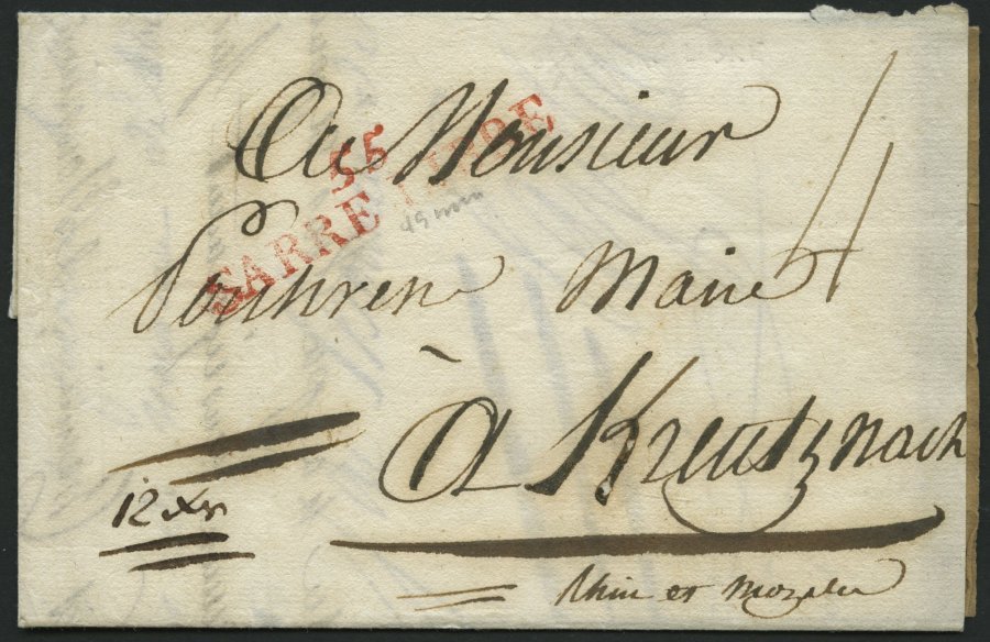 PREUSSEN 1815, 55 SARRE LIBRE, Roter L2, Brief Mit 12 Kr. Taxe Nach Kreutznach, Feinst - Prephilately