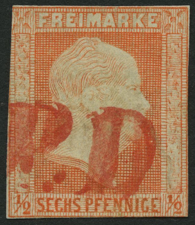 PREUSSEN 13a O, 1859, 1/2 Sgr. Rotorange, Ohne Wz., Mit Rotem P.D.-Stempel, Schnittmängel Sonst Pracht, R!, Mi. (200.-) - Altri & Non Classificati