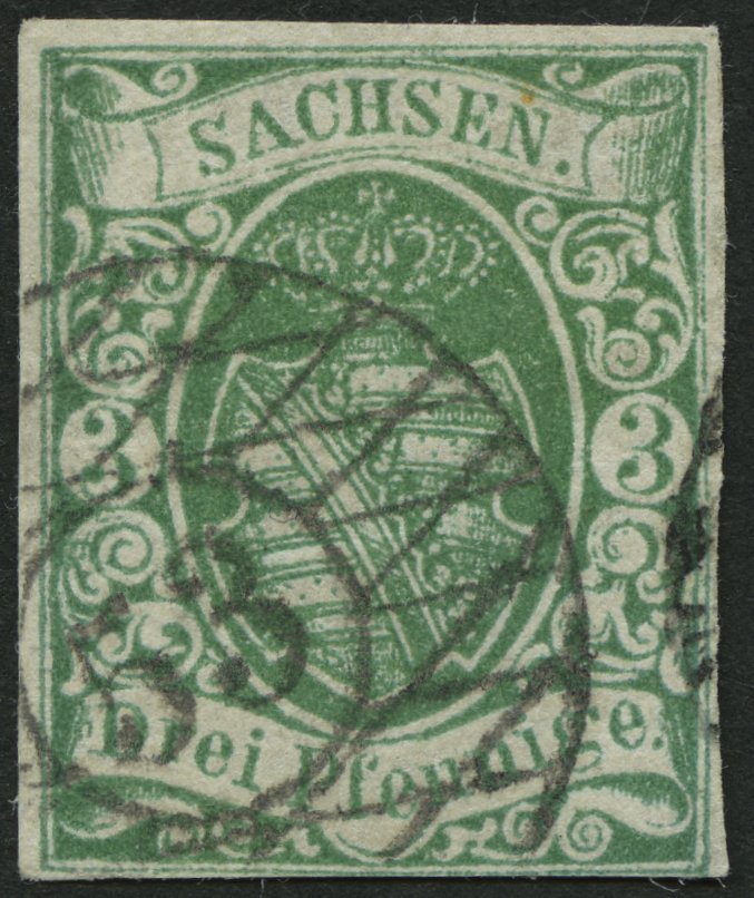 SACHSEN 2IIa O, 1851, 3 Pf. Saftiggrün, Type II, Nummernstempel 53 (MEERANE), Pracht - Saxe