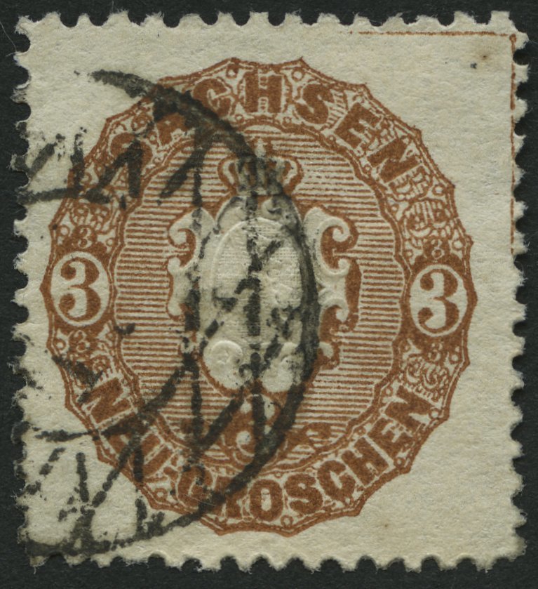 SACHSEN 18b O, 1863, 3 Ngr. Dunkelgelbbraun Mit Vollständigem Eckwinkel Aus Der Rechten Oberen Bogenecke, Pracht - Saxony