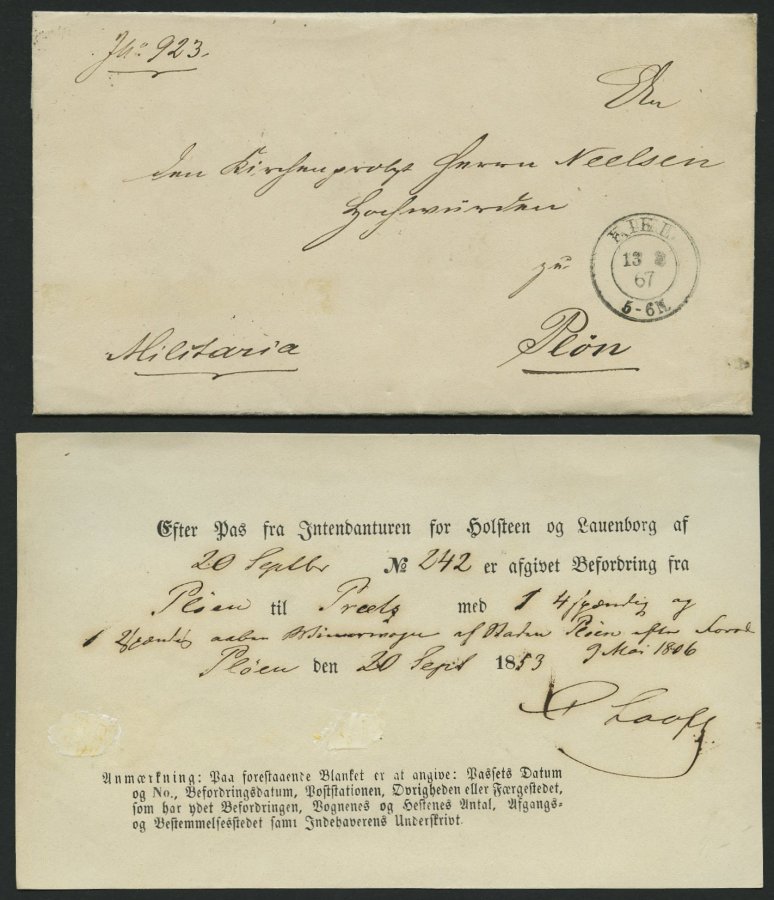 SCHLESWIG-HOLSTEIN PLÖN (1849-67), 4 Verschiedene Briefe Und Ein Postschein, Pracht - Schleswig-Holstein