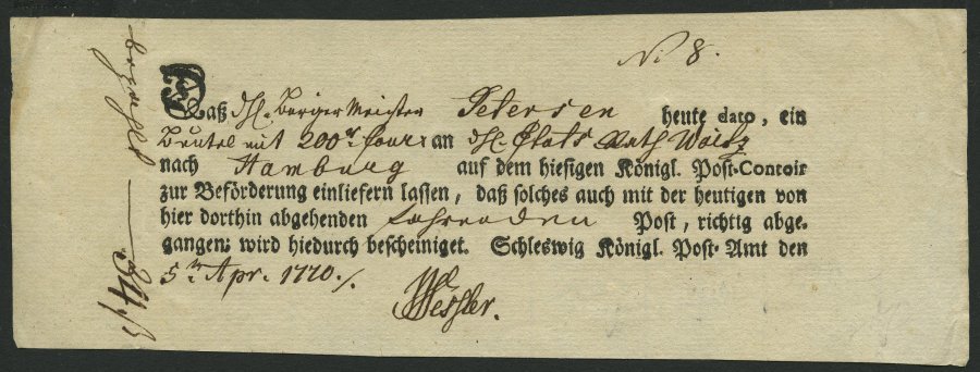 SCHLESWIG-HOLSTEIN SCHLESWIG, Ortsdruck Auf Einlieferungsschein (1770), Pracht - Schleswig-Holstein