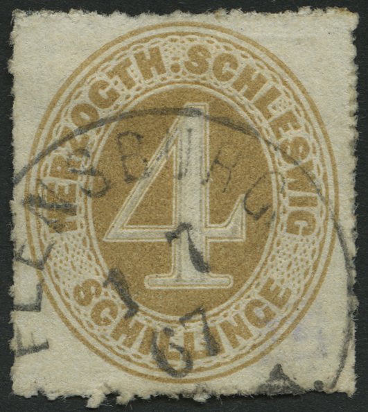 SCHLESWIG-HOLSTEIN 17 O, 1865, 4 S. Braunocker, K1 FLENSBURG, Pracht, Mi. 100.- - Schleswig-Holstein