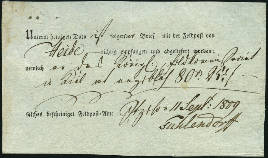 SCHLESWIG-HOLSTEIN 1809, Postschein Vom Feldpostamt Itzehoe (handschriftlich) über Einen Brief Aus Heide, Pracht - Schleswig-Holstein