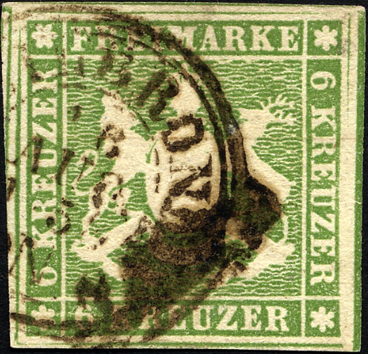 WÜRTTEMBERG 8a O, 1857, 6 Kr. Gelblichgrün, Allseits Breitrandig, Pracht, Gepr. Heinrich - Otros & Sin Clasificación