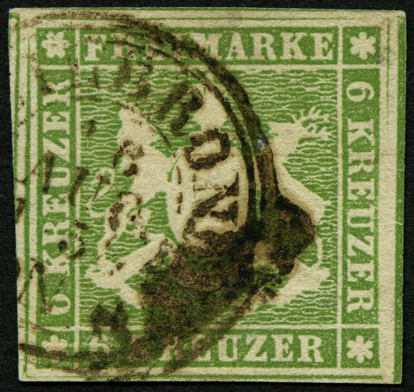 WÜRTTEMBERG 8a O, 1857, 6 Kr. Gelblichgrün, Allseits Breitrandig, Pracht, Gepr. Heinrich - Otros & Sin Clasificación