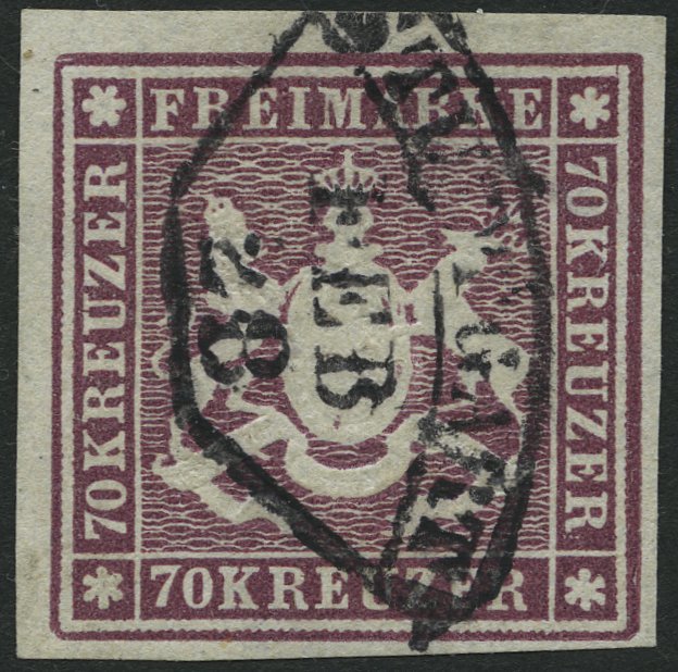 WÜRTTEMBERG 42a O, 1873, 70 Kr. Braunlila, Feld 6, Schwarzer Fächerstempel STUTTGART, Farbfrisches Prachtstück, Fotoatte - Other & Unclassified