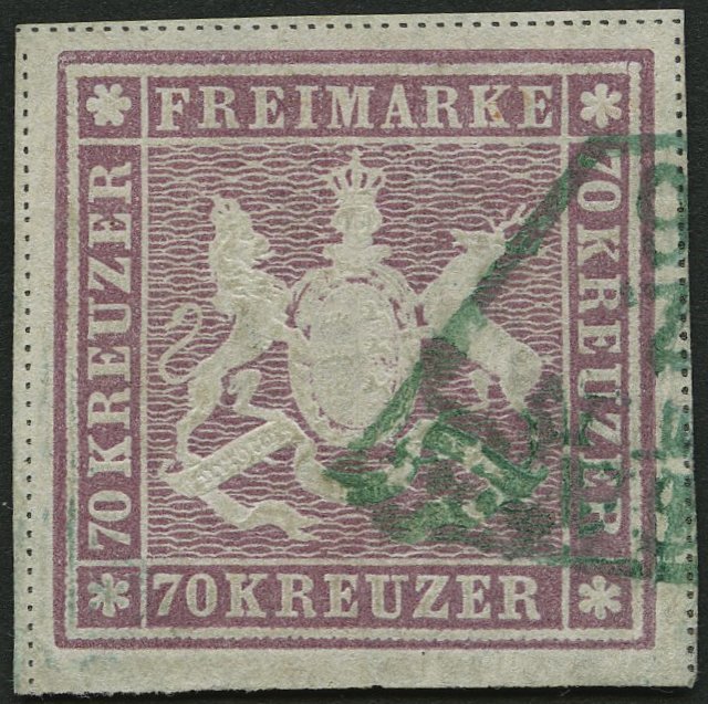 WÜRTTEMBERG 42b O, 1873, 70 Kr. Rotlila, Feld 5, Grüner Fächerstempel STUTTGART, Allseits Breitrandig, Pracht, Fotoattes - Otros & Sin Clasificación