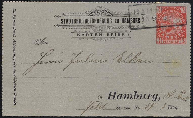 HAMBURG D K 1 BRIEF, HAMMONIA I: 1887, Kartenbrief, 3 Pf. Rot Auf Blaugrau, R2, Pracht - Correos Privados & Locales