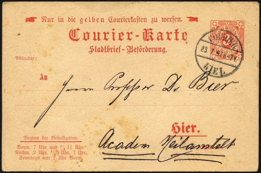 KIEL A P 2 BRIEF, COURIER: 1896, 3 Pf. Rot, Ohne Rahmen, Stempel 23.7.97, Karte Feinst (etwas Fleckig) - Private & Lokale Post