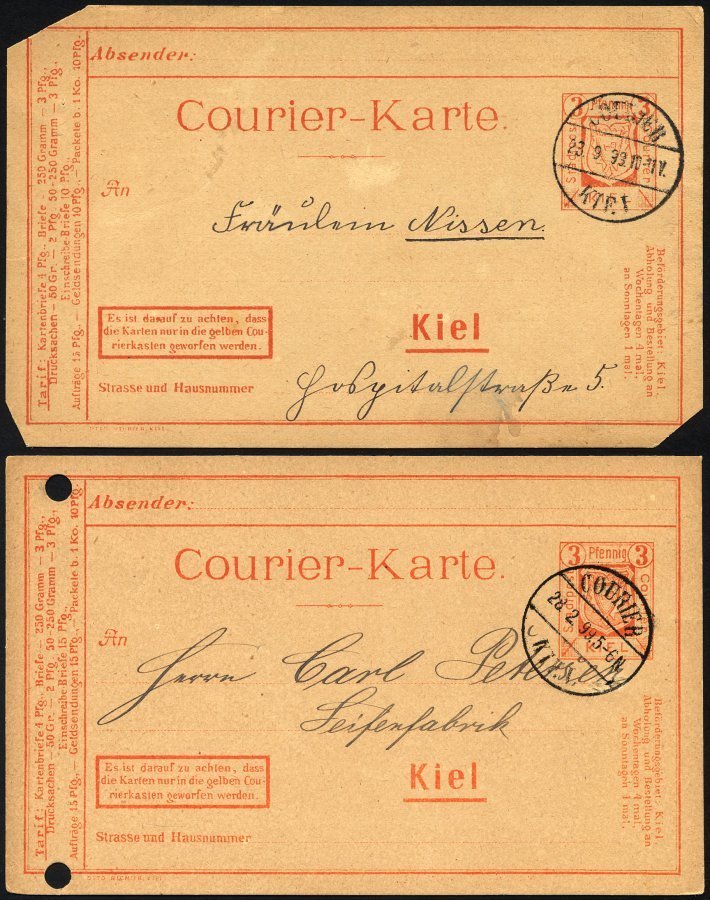 KIEL A P 19/20 BRIEF, COURIER: 1898/9, 3 Pf. Orange Einschreib-Briefe 15 Pf. Und Einschreib-Briefe 10 Pf., Beide Karten - Private & Local Mails