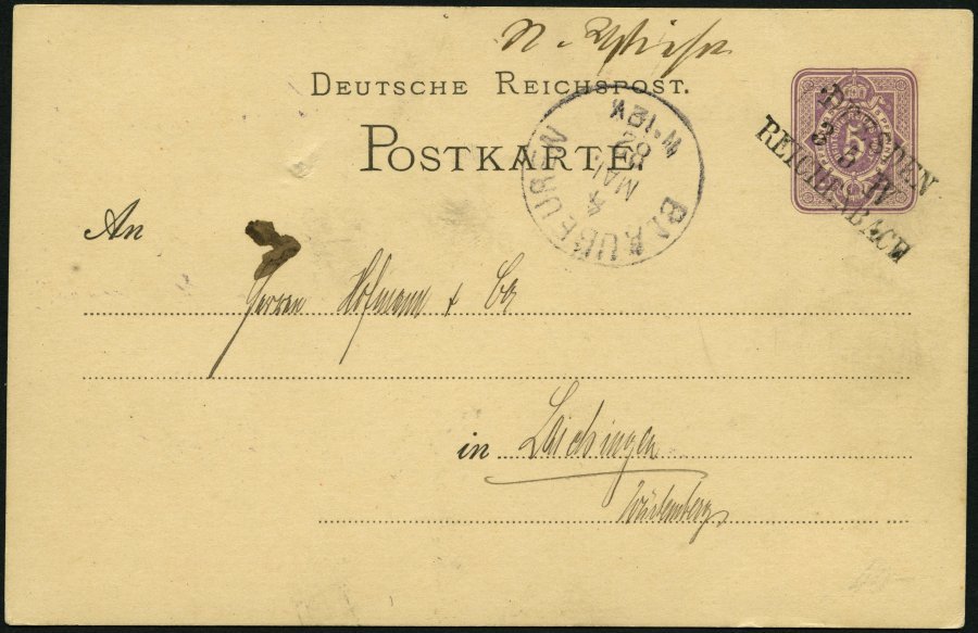 BAHNPOST DR P 10 BRIEF, Dresden-Reichenbach, L3 Und Handschriftlich NIEDERWIESA Auf 5 Pf. Ganzsachenkarte Von 1882, Fein - Máquinas Franqueo (EMA)