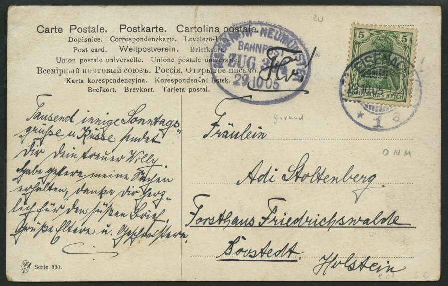 BAHNPOST DR 85 BRIEF, Hagenow-Neumünster (Zug 304) Als Ankunftsstempel Auf Ansichtskarte Mit 5 Pf Germania Von 1905, Fei - Máquinas Franqueo (EMA)