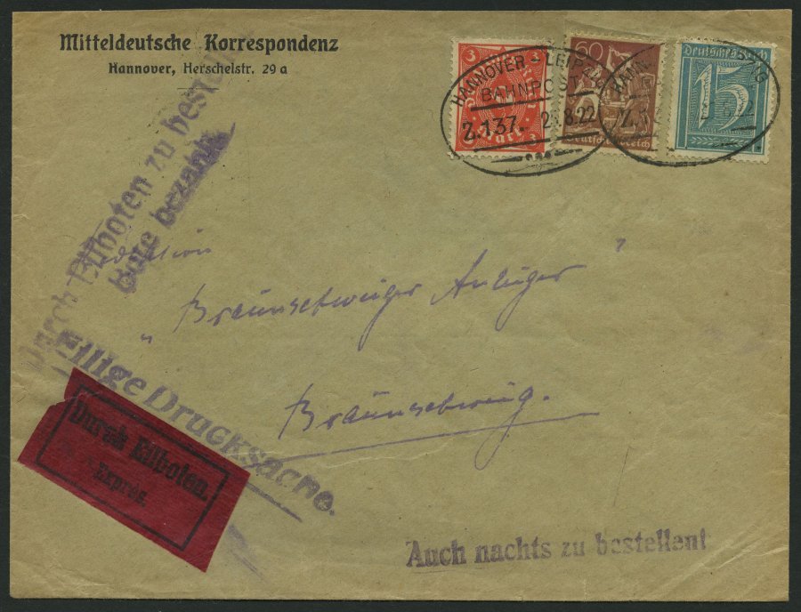 BAHNPOST DR 165,179,225 BRIEF, Hannover-Leipzig (Zug 137) Auf Eilbotenbrief Mit 3 M., 15 Und 60 Pf. Inflation Von 1922, - Franking Machines (EMA)