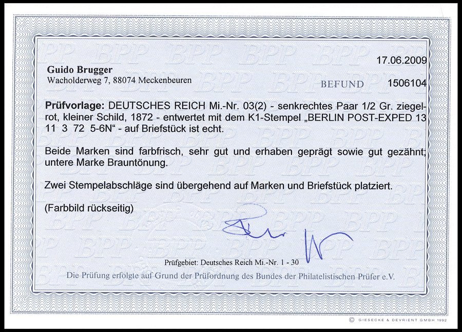 Dt. Reich 3 Paar BrfStk, 1872, 1/2 Gr. Ziegelrot Im Senkrechten Paar, K1 BERLIN POST-EXPED 13, Untere Marke Brauntönung - Used Stamps
