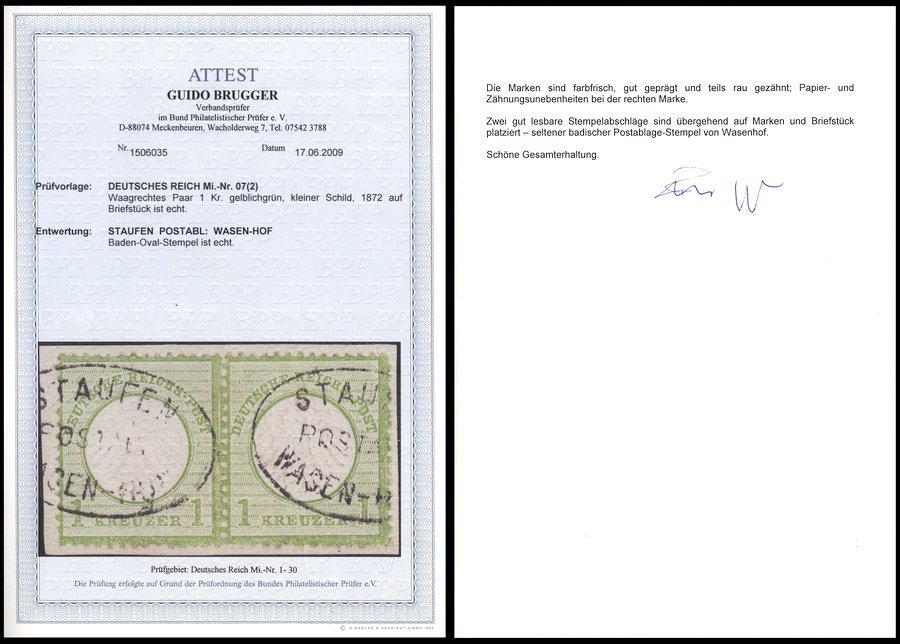 Dt. Reich 7 Paar BrfStk, 1872, 1 Kr. Gelblichgrün Im Waagerechten Paar, Postablagestempel STAUFEN/WASEN-HOF, üblich Gezä - Used Stamps