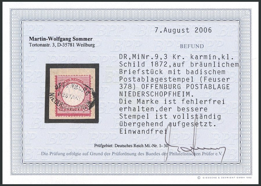 Dt. Reich 9 BrfStk, 1872, 3 Kr. Karmin, Postablagestempel OFFENBURG/NIEDERSCHROPFHEIM, Prachtbriefstück, Fotobefund Somm - Usados