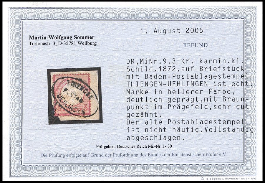 Dt. Reich 9 BrfStk, 1872, 3 Kr. Karmin, Postablagestempel THIENGEN/UEHLINGEN, Leichte Patina Sonst Prachtbriefstück, Fot - Usados