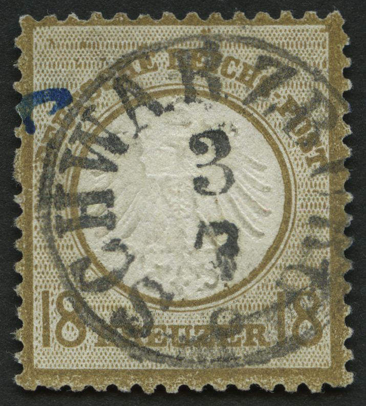 Dt. Reich 11 O, 1872, 18 Kr. Ockerbraun, Zentrischer TuT-Stempel SCHWARZBURG Und Kleiner Tintenstrich, Pracht, Fotoattes - Usados