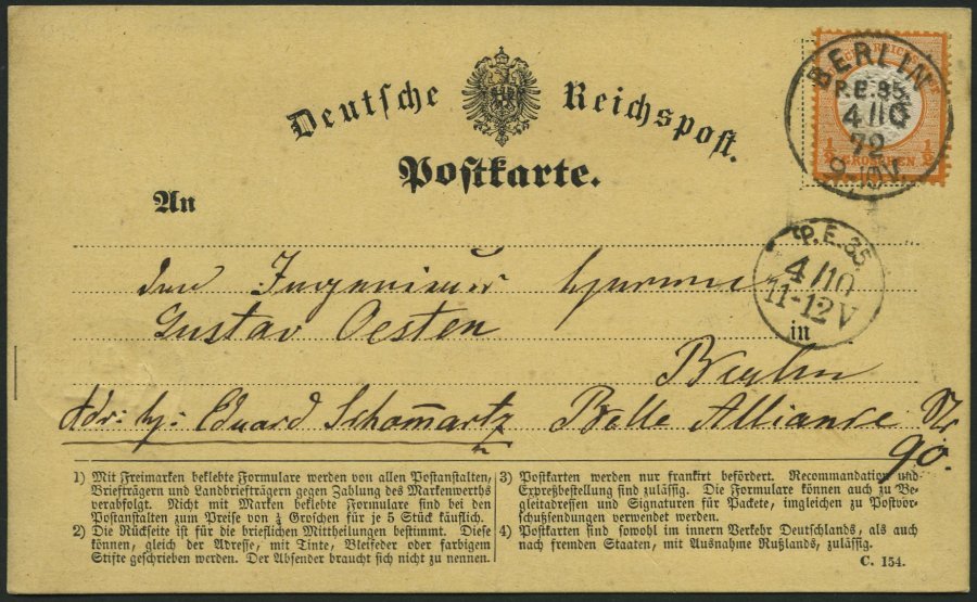 Dt. Reich 18 BRIEF, 1872, 1/2 Gr. Orange Auf Ortspostkarte Mit K1 BERLIN P.E.35 Und Ankunftsstempel P.E.35, Prachtkarte - Usados