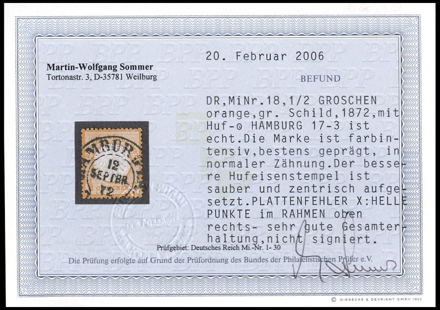 Dt. Reich 18 O, 1872, 1/2 Gr. Orange Mit Plattenfehler Helle Punkte Im Rahmen Oben Rechts, Zentrischer Hufeisenstempel H - Usati