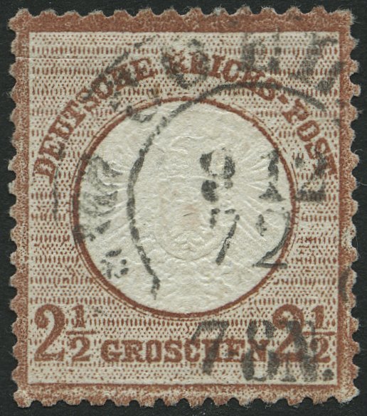 Dt. Reich 21b O, 1872, 21/2 Gr. Lilabraun, Hufeisenstempel COELN, Leichte Waagerechte Bugspur (im Attest Nicht Erwähnt) - Usados