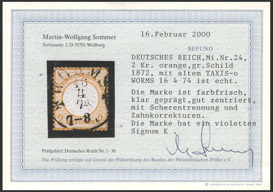 Dt. Reich 24 O, 1872, 2 Kr. Orange, Zentrischer TuT-Stempel WORMS, Fotobefund Sommer: Die Marke Ist Farbfrisch, Klar Gep - Used Stamps