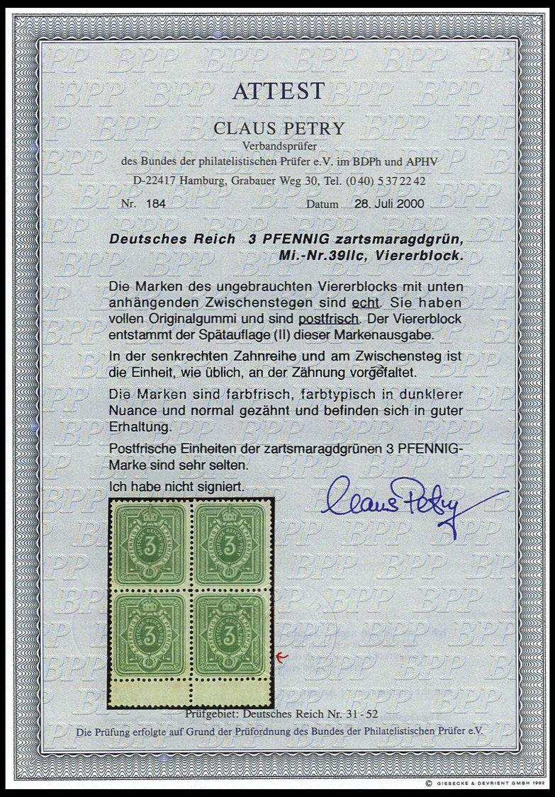 Dt. Reich 39IIc **, 1887, 3 Pf. Mittelgelblichgrün Frühauflage, Postfrisch, Unterrandstück Mit Anhängendem Steg, Pracht, - Altri & Non Classificati