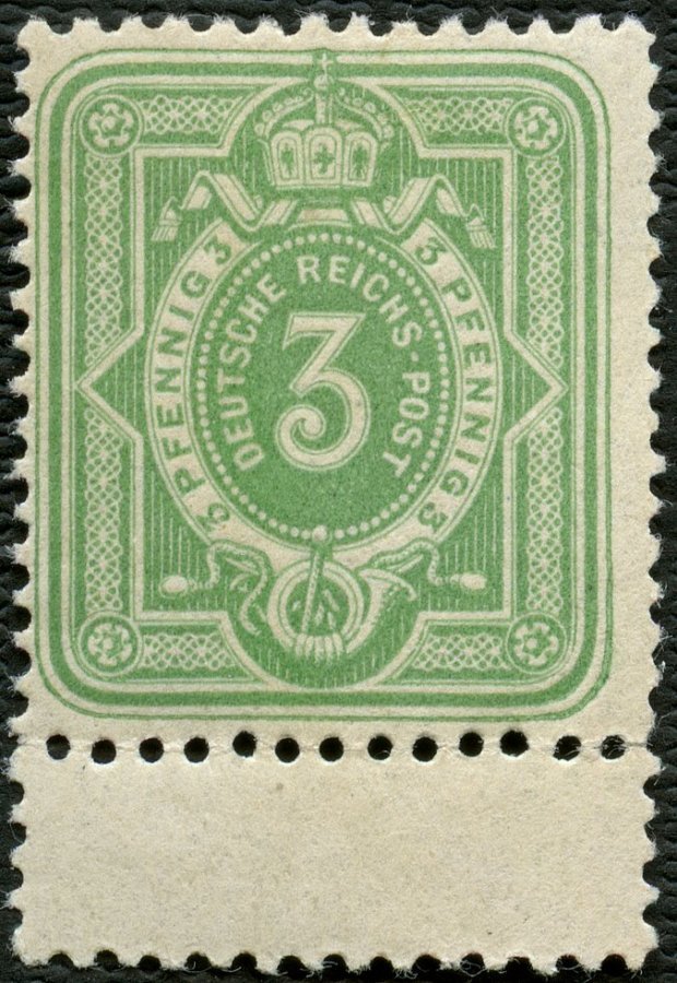 Dt. Reich 39IIc **, 1887, 3 Pf. Mittelgelblichgrün Frühauflage, Postfrisch, Unterrandstück Mit Anhängendem Steg, Pracht, - Other & Unclassified