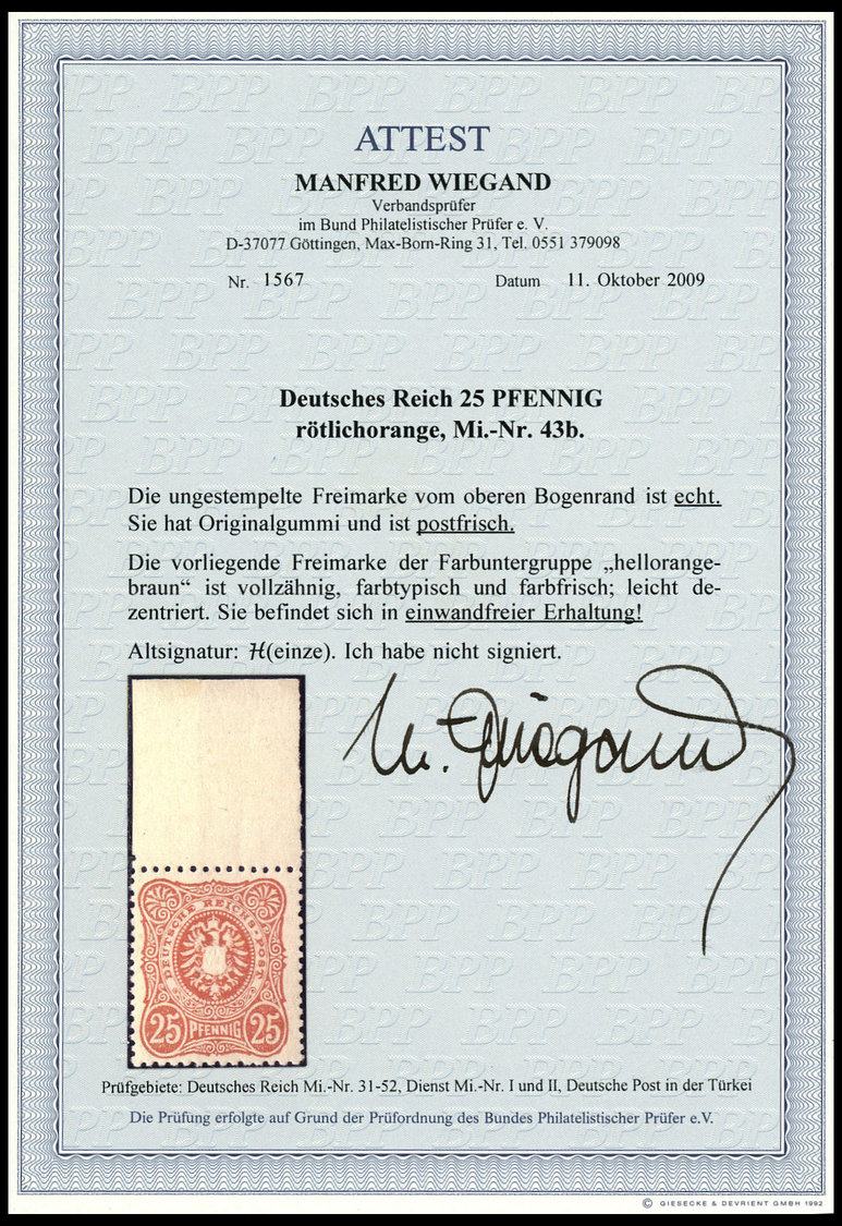 Dt. Reich 43b **, 1883, 25 Pf. Orangebraun, Oberrandstück, Postfrisch, Pracht, R!, Fotoattest Wiegand, Mi. (900.-) - Otros & Sin Clasificación